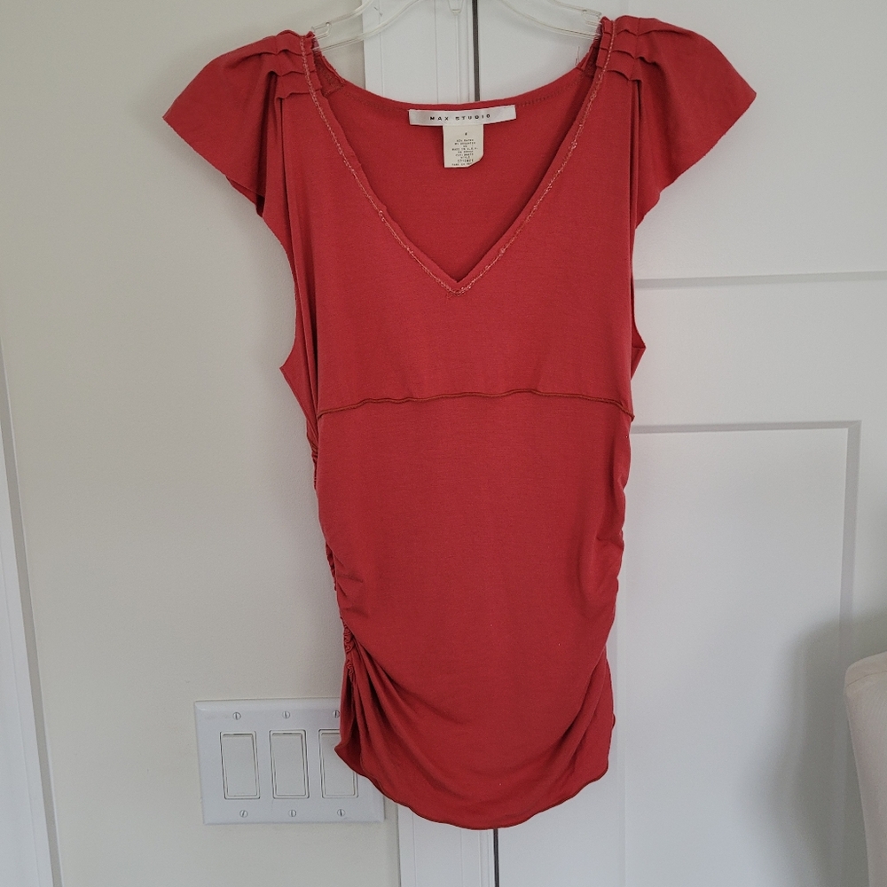 Max Studio Blouse Orange Coral Flutter Cap Sleeve Sequin Detail Ruched S… - Picture 2 of 9